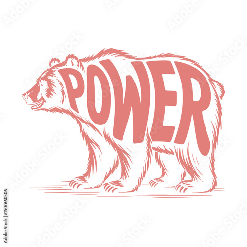 Bear illustration with the word power depicted in bold letters showcasing strength and nature's resilience