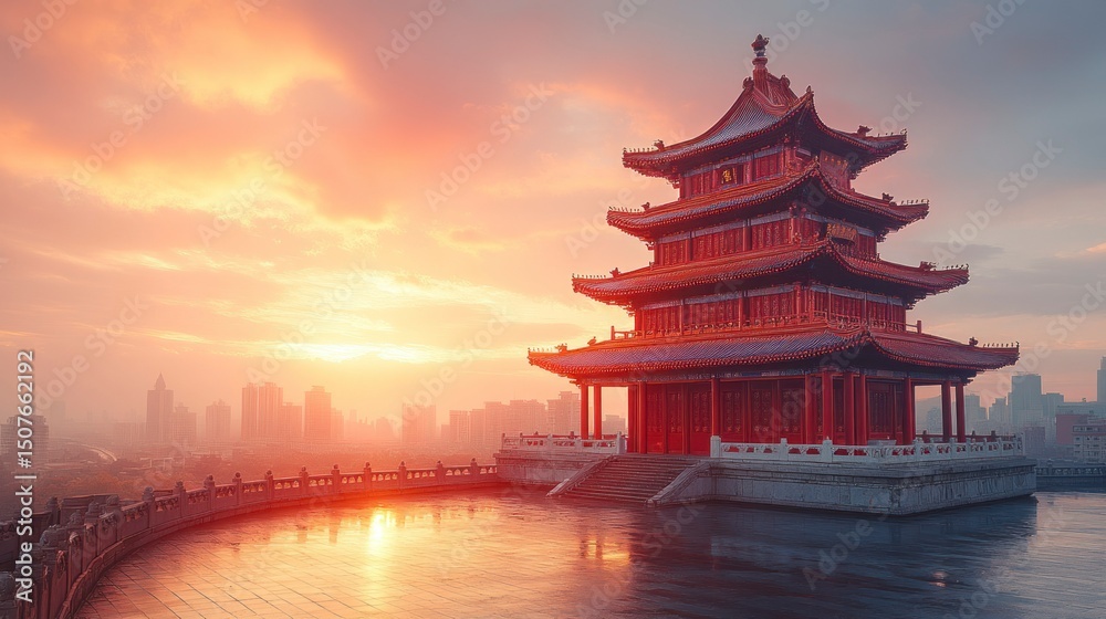 Obraz premium Sunset Over Traditional Architecture with Urban Skyline in the Background