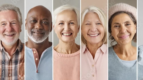 Collage of smiling senior adults showing diverse ethnicities and hair colors enjoying happy retirement with positive attitudes indoors.