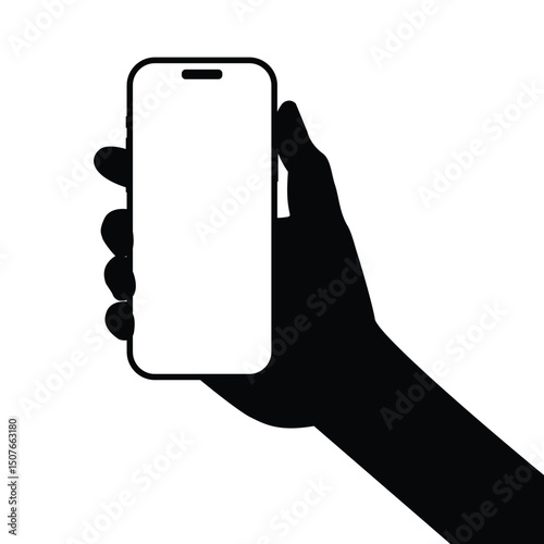 Silhouette of Hand Holding Smartphone with Blank Screen Isolated on White Background