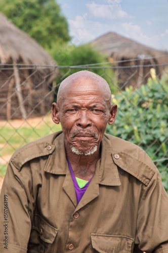 village rural ,portrait of old african man, in front of a house with thatched roof , countryside living,