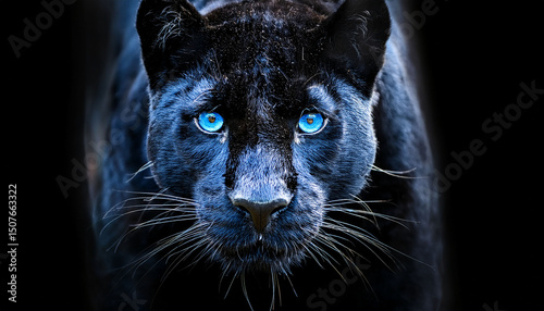 majestic black panther with piercing blue eyes prowling in the dark