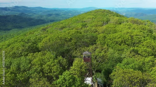 Aerial orbit of the abandoned Big Ridge Fire Tower, an 80' metal structure built in 1935, now decaying above the treeline in Lost River State Park, WV. Summer foliage surrounds the historic site.