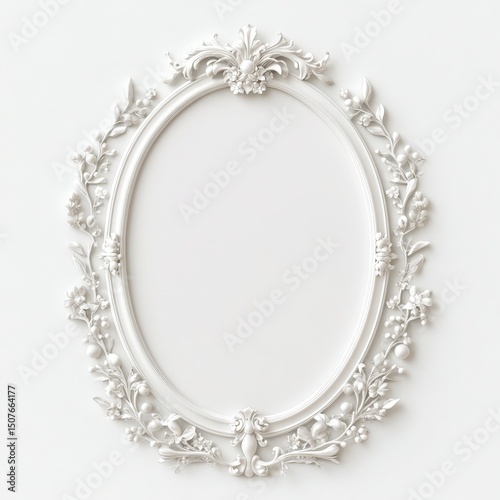 Ornate, white oval picture frame with floral and leaf decorations on a plain background.