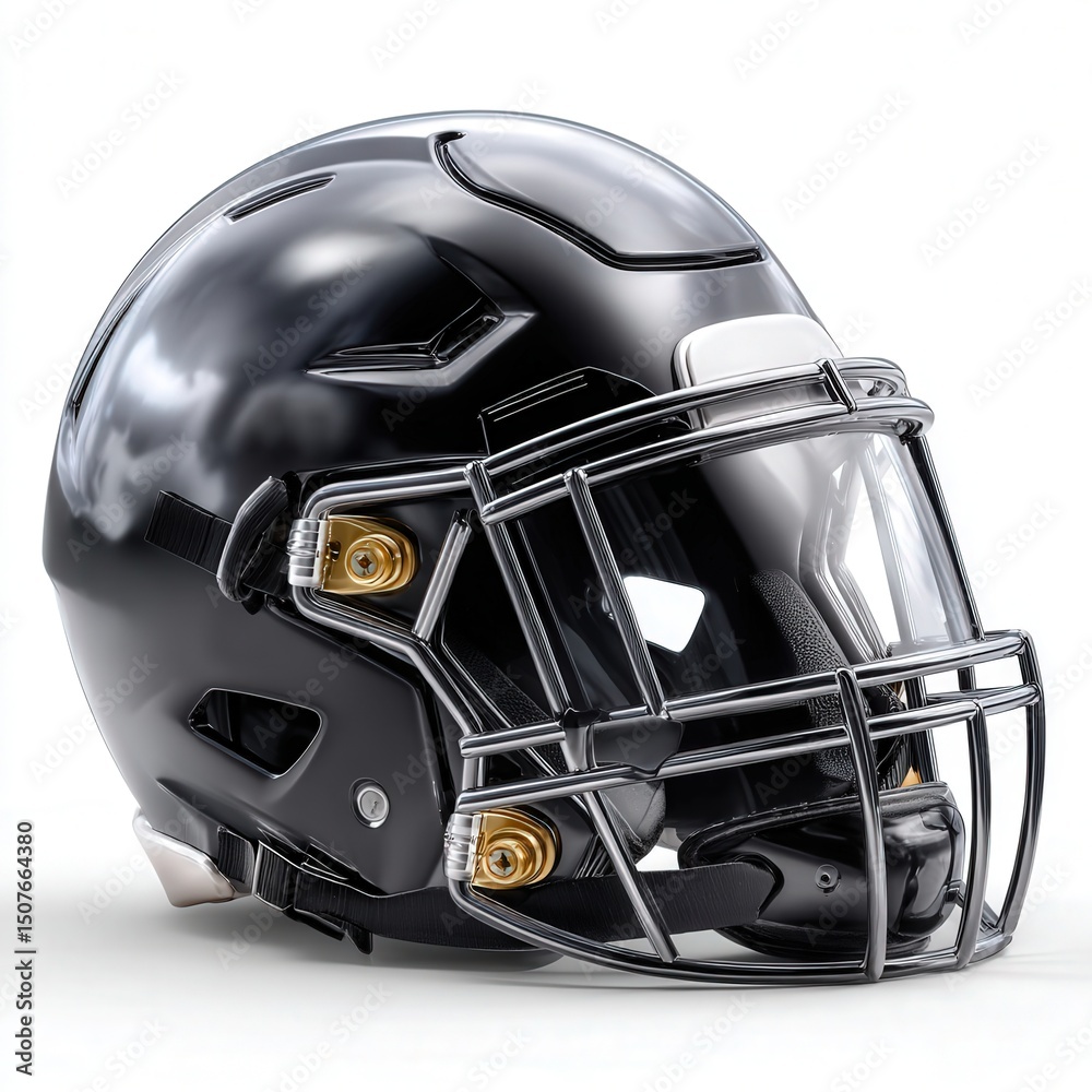 Fototapeta premium Sleek black football helmet with a protective faceguard, designed for maximum safety and performance on the field.