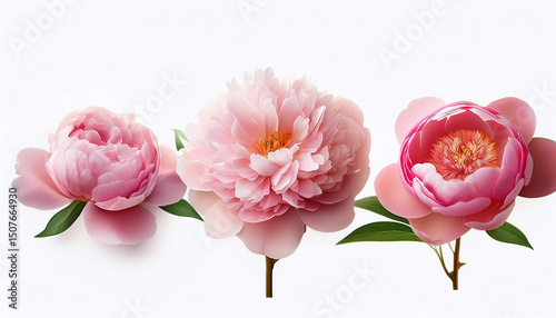 three pink peony flowers peony rose and bud isolated on white background
