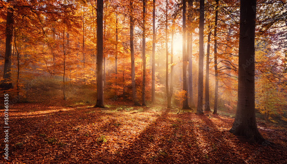 Fototapeta premium serene autumn forest with warm glow and dreamy atmosphere