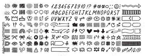 Scribble doodle elements set, paint underline children marker scratch, vector pen squiggle kit collection. Kids hand drawn abstract sketch, alphabet, texture, icons, heart.