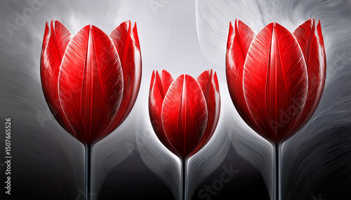 abstract illustration of three red tulips on black and white background