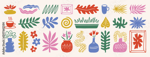 leaf plant floral abstract matisse style shapes set. Hand drawn silhouette branches, blobs, flowers. Contemporary doodle art