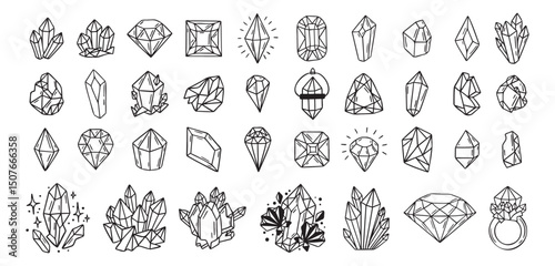 Mystical crystals or diamonds isolated clipart bundle set. Magic crystals hand drawn, crystals doodle, line gem stones isolated items on white esoteric