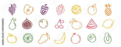 Fruit icons chalk hand drawn doodle set. Drawing crayon fruit