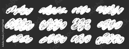 White clouds fluffy pencil chalk crayon hand drawn clouds kids style clipart. Childish naive clouds icons isolated. Rough cute pastel texture set
