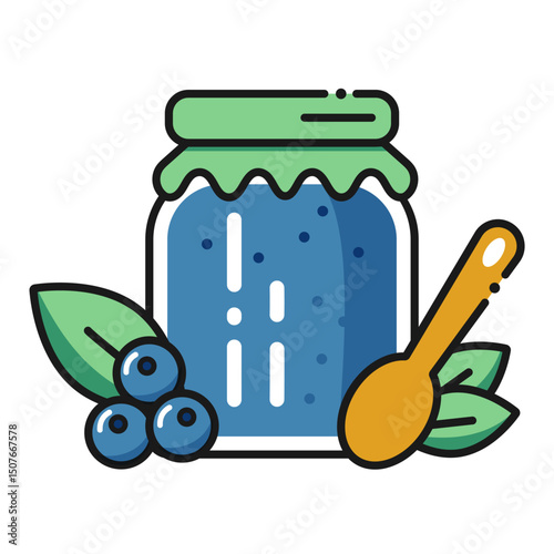 A jar of blueberry jam with a spoon. Homemade harvesting of wild berries. Summer harvest from the wild. Vector image on a white background, line art style.