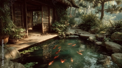 Serene Koi Pond Garden with Wooden House and Lush Greenery