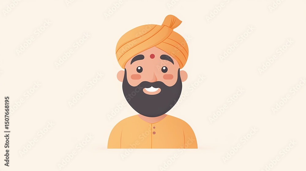 Cute flat-style Indian man character with a simple turban and beige background Cute flat-style Indian man character with a simple turban and beige background