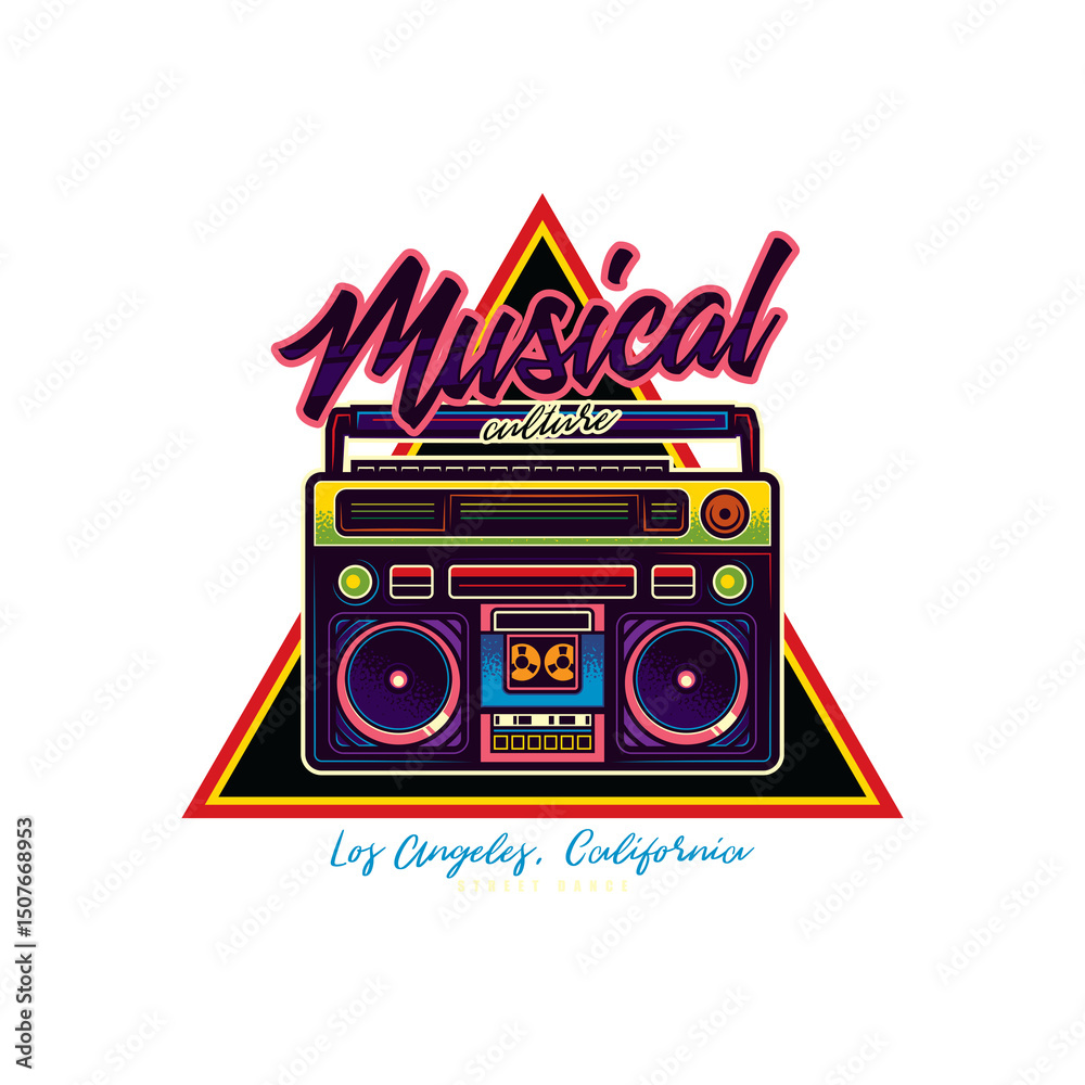 Fototapeta premium Old cassette player. Boombox. T-shirt design, design element.