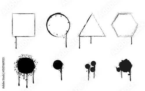 Creative black paint splatters and geometric shapes on a white background showcasing artistic expression and design possibilities.