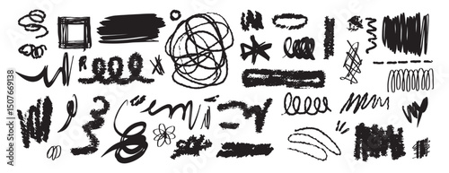 Messy pencil curly lines and Scribble brush strokes doodle set. Hand drawn elements marker scribbles.