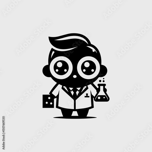 A charming cartoon vector logo silhouette of a scientist holding a test tube and a flask
