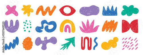 colorful doodle abstract shapes. Naive elements noisy drawing texture. Abstract creative figure, grunge brushes. silhouette trendy quirky graphic