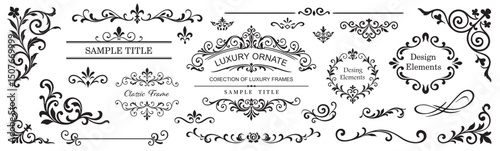 Elegant collection of vintage frames, borders, corners, and swirls. Perfect for wedding invitations, greeting cards, menus, certificates, luxury packaging, logos, labels, and retro design..eps