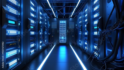 Futuristic Server Room with Glowing Neon Lights for Data Storage and Processing