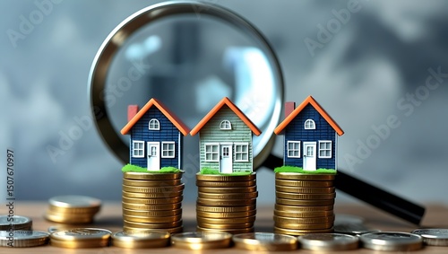 Conceptual depiction of housing market analysis using house models and coins