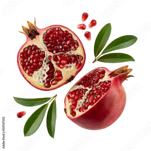 Whole and Cut Pomegranate PNG Transparent Background for Fresh Fruit Concepts