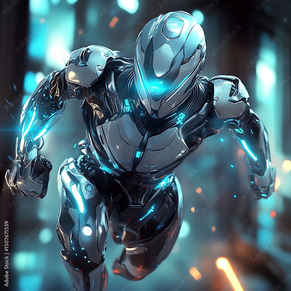 Fototapeta premium Futuristic robotic figure in dynamic pose.