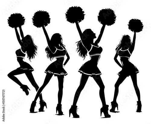 Black and white silhouette of cheerleader girls on a white isolated background. Vector graphics. EPS.