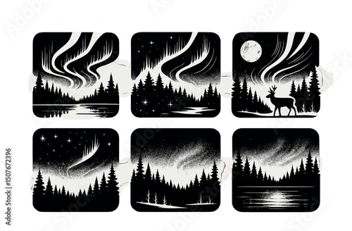 Northern night magic silhouette icons set – aurora, forest and nature exploration symbols