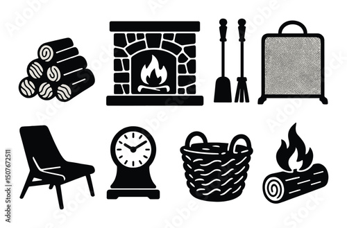 Cozy fireplace silhouette icons set – warmth, home comfort, and winter essentials