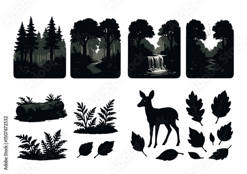 Nature silhouette icons set – woodland, forest and wildlife symbols