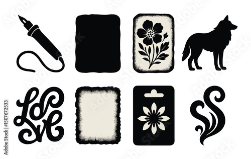 Wood burning art silhouette icons set – pyrography, craft and design elements