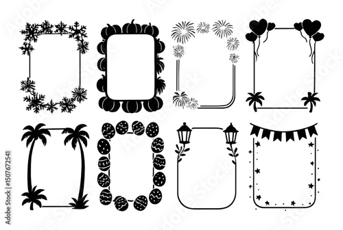 Festive frame silhouette icons set – holiday, celebration, and joyful border elements