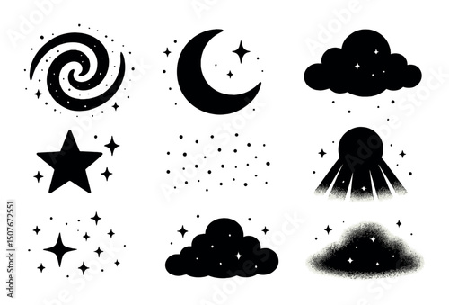 Celestial silhouette icons set – moon, cloud, and star symbols for cosmic design