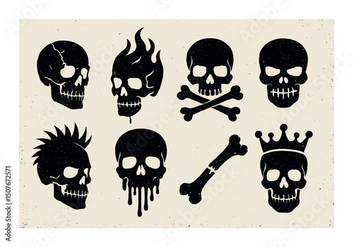 Grunge skull silhouettes icons set - edgy, dark, and alternative design elements
