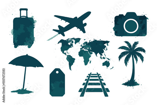 Travel and tourism silhouette icons set – adventure, journey, exploration symbols