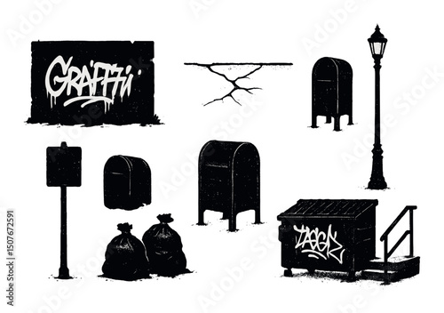 Urban grunge silhouette icons set – cityscape, street elements and urban graphics