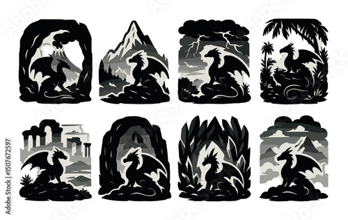 Dragon realm silhouette icons set – fantasy, mythical creature design symbols