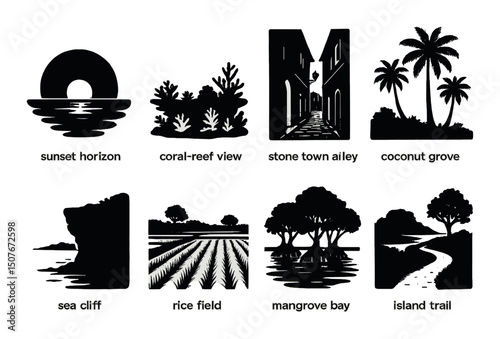 Zanzibar silhouette icons set – landscapes, sunset, tropical scenes