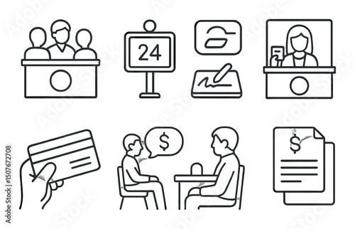 Banking and service outline icons set – financial, transaction and commerce symbols