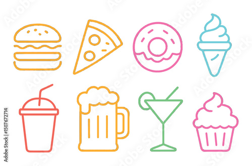 Neon food icons set – simple outline, glowing snack and dessert symbols