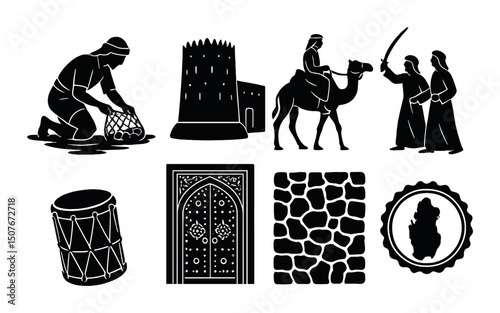 Qatari cultural silhouette icons set – traditional, heritage symbols