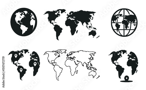 World map silhouette icons set – cartography, geography and global navigation symbols