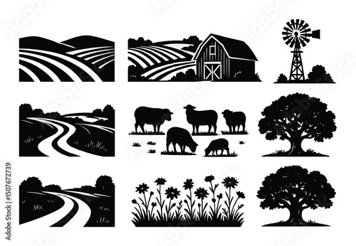 Countryside silhouette icons set – farming, rural and landscape graphic symbols