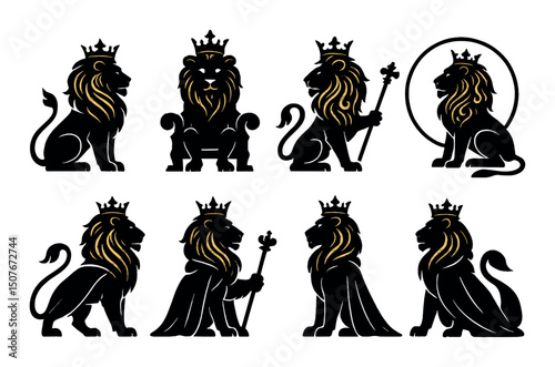 Regal lion silhouettes icons set – majestic, royal symbols for classic design themes