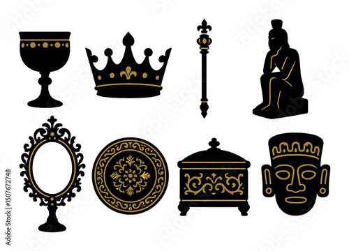Golden artifact silhouette icons set – ancient, historical, treasure symbols