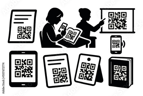 Education silhouette icons set – qr code, learning, and classroom symbols